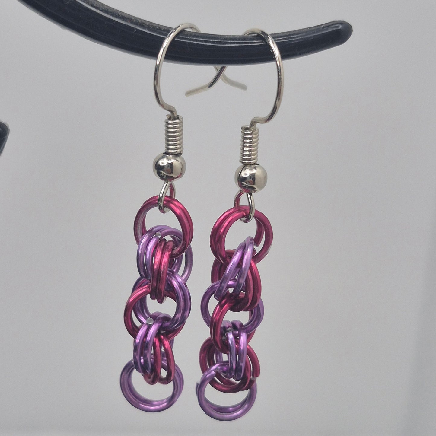 Spiral Earrings, pink, purple chainmail