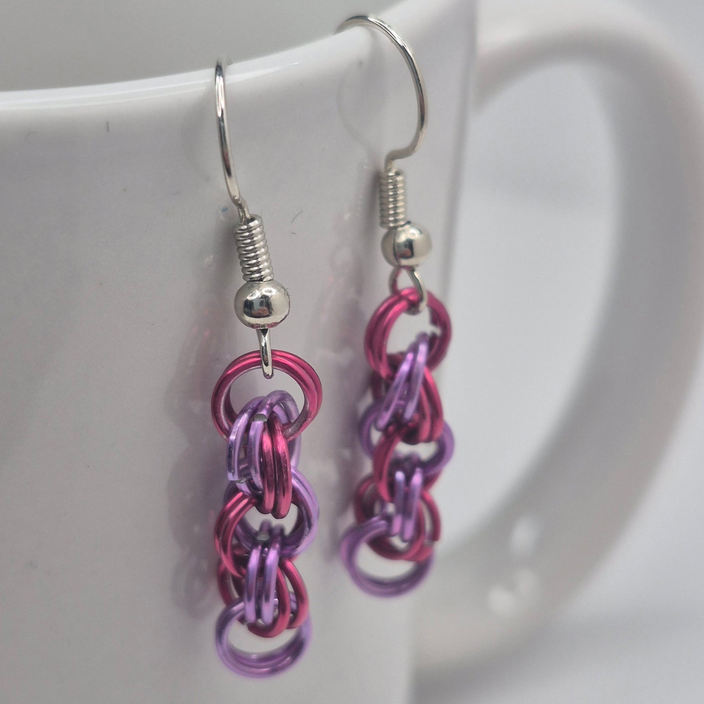 Spiral Earrings, pink, purple chainmail