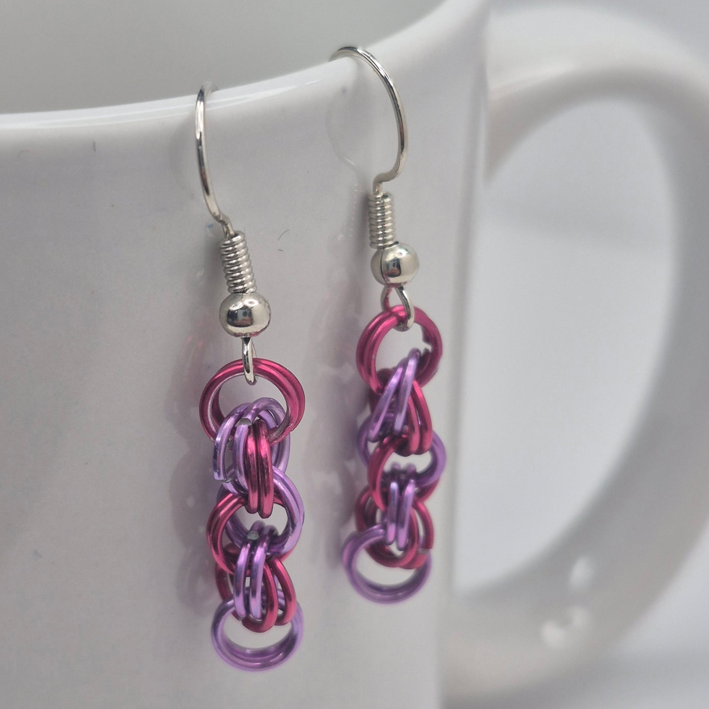 Spiral Earrings, pink, purple chainmail