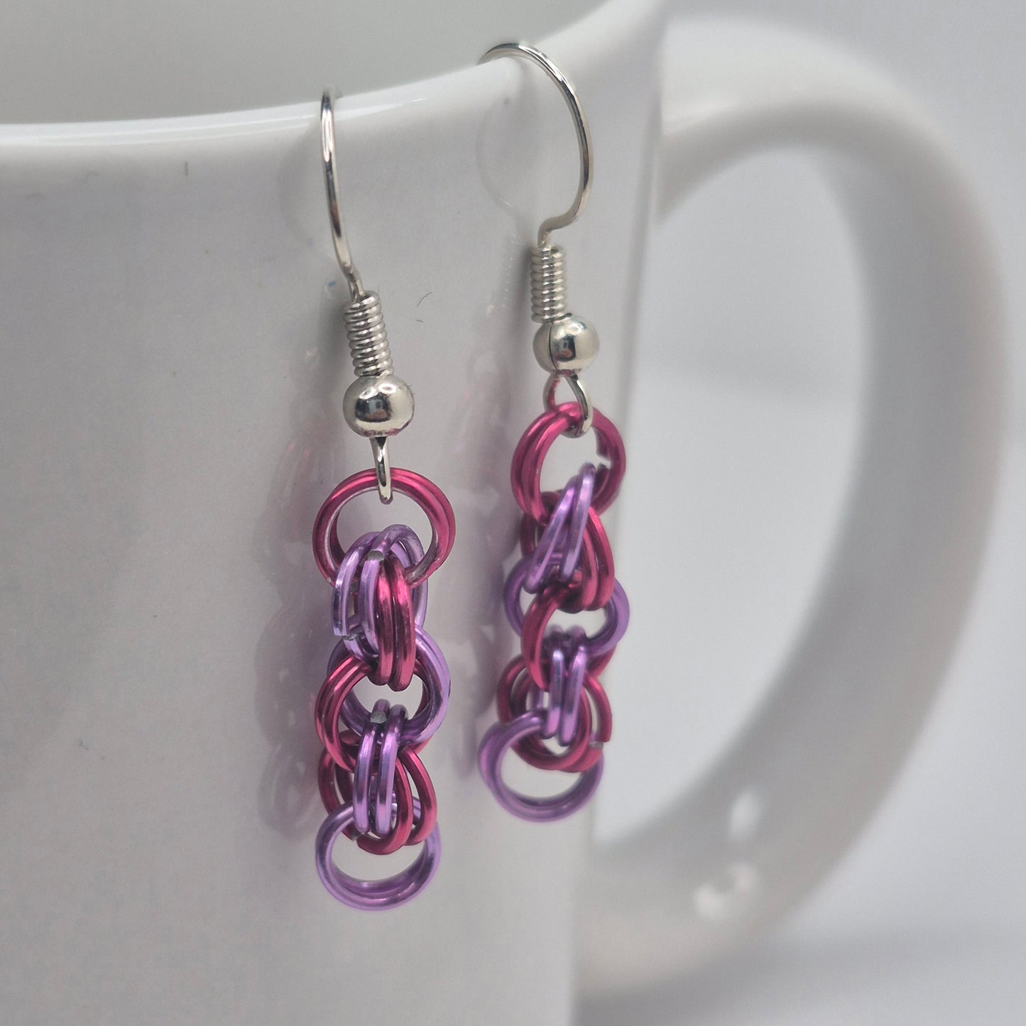 Spiral Earrings, pink, purple chainmail