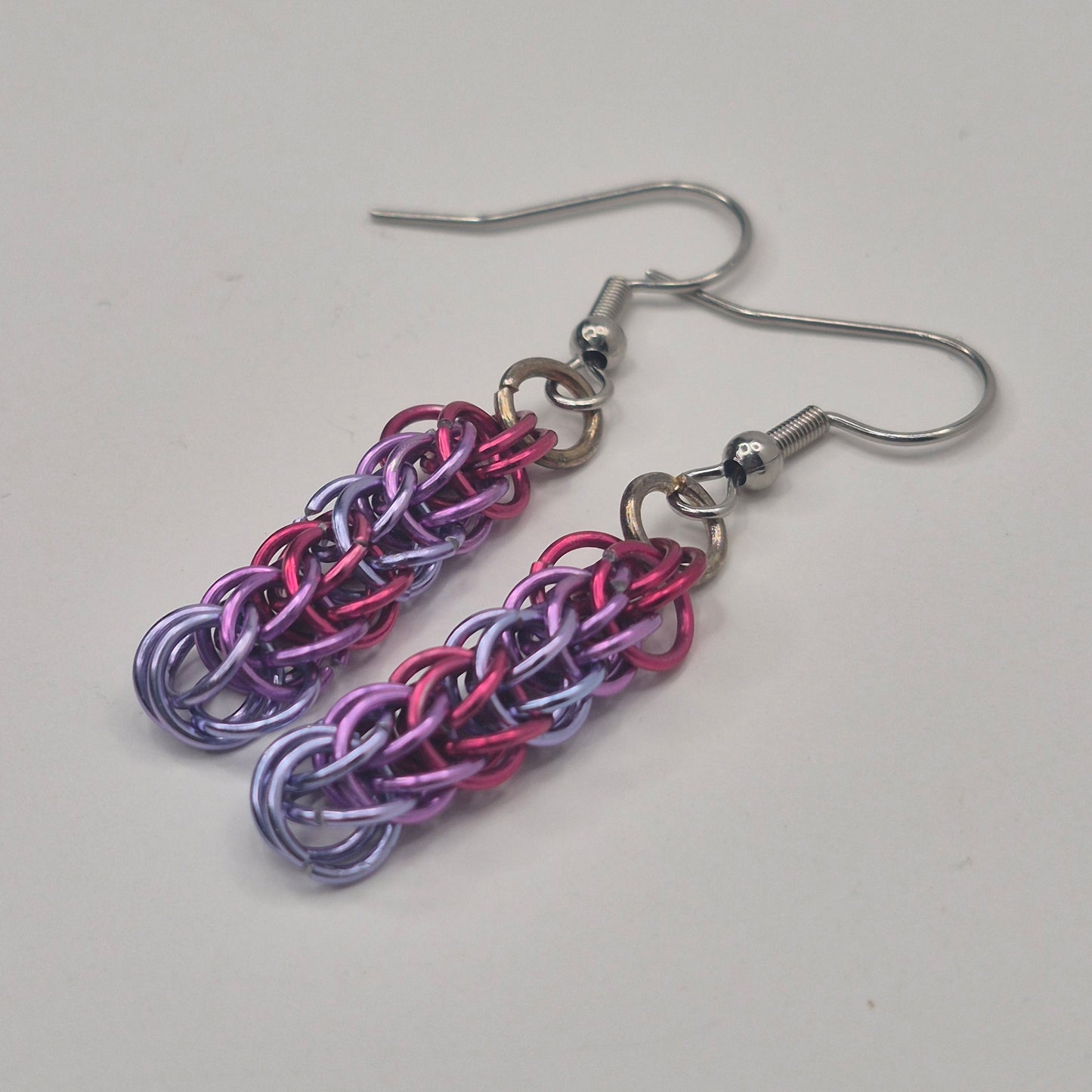 Persian weave earrings, pink, purple, blue chainmail