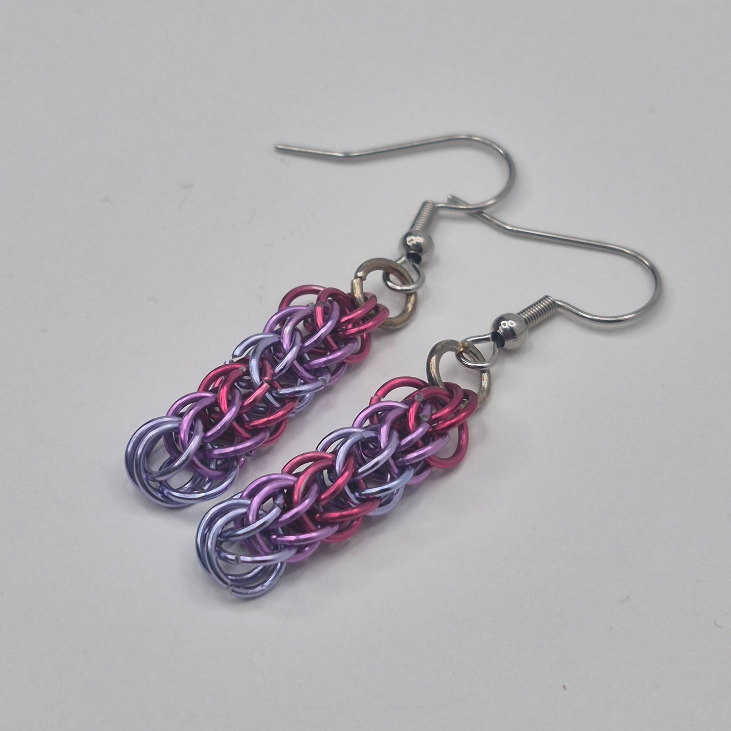 Persian weave earrings, pink, purple, blue chainmail