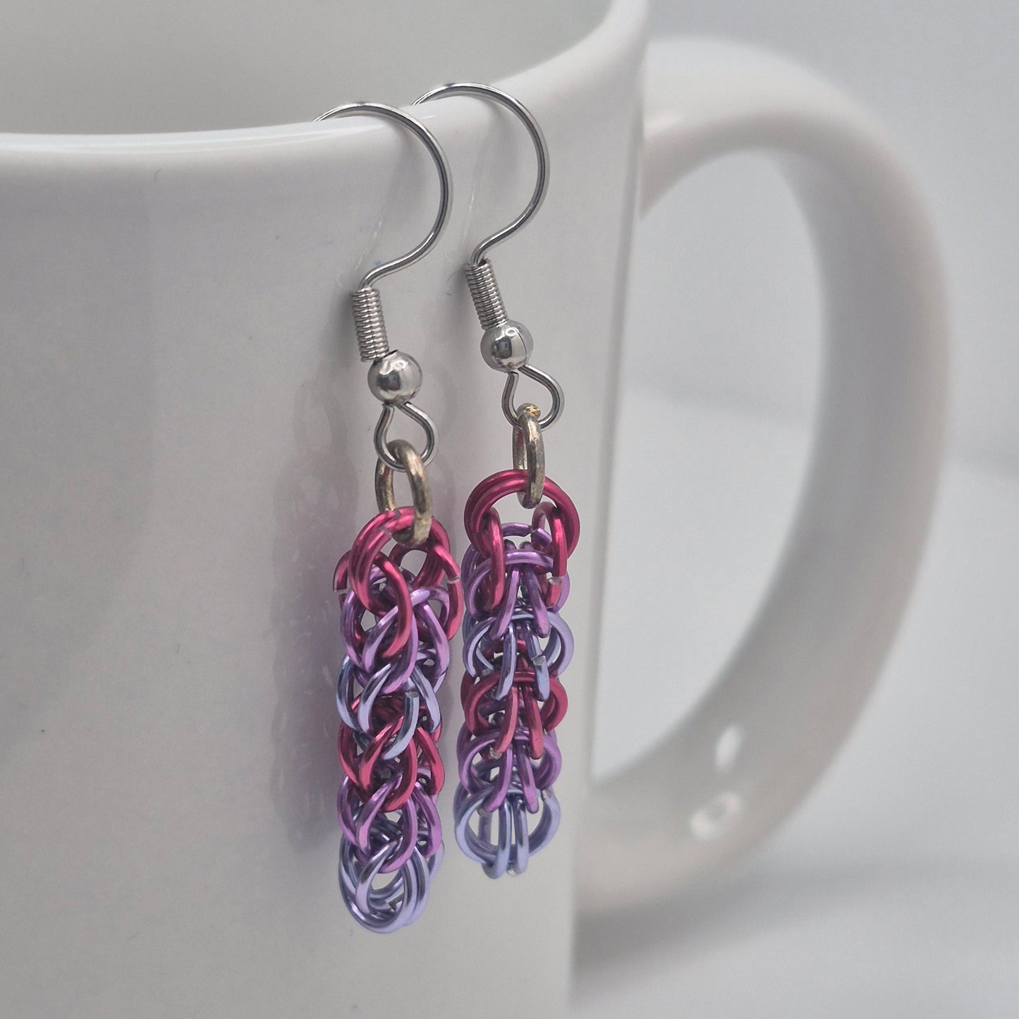 Persian weave earrings, pink, purple, blue chainmail