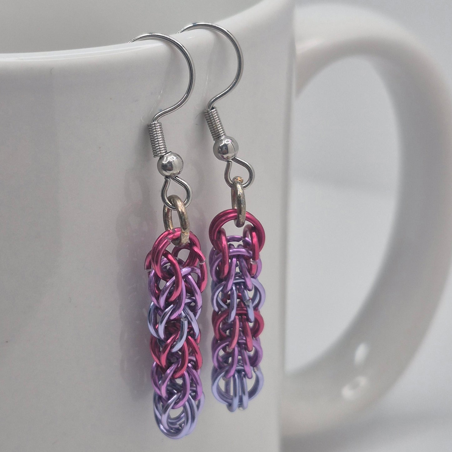 Persian weave earrings, pink, purple, blue chainmail