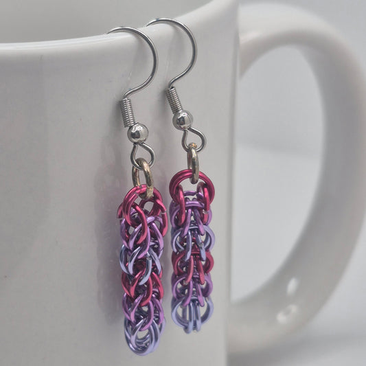 Persian weave earrings, pink, purple, blue chainmail