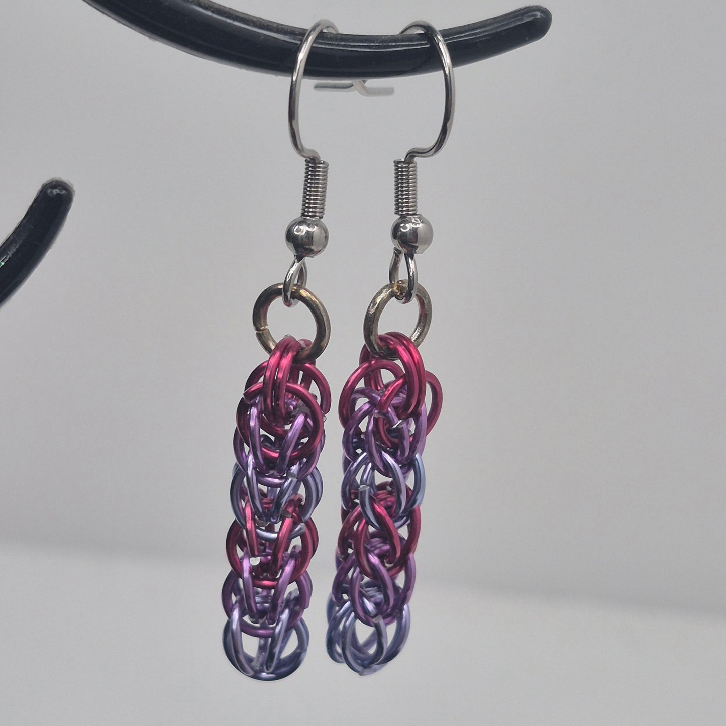 Persian weave earrings, pink, purple, blue chainmail