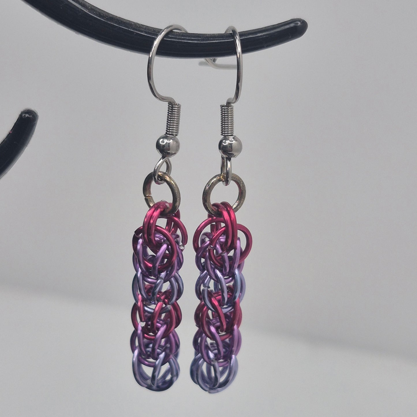 Persian weave earrings, pink, purple, blue chainmail