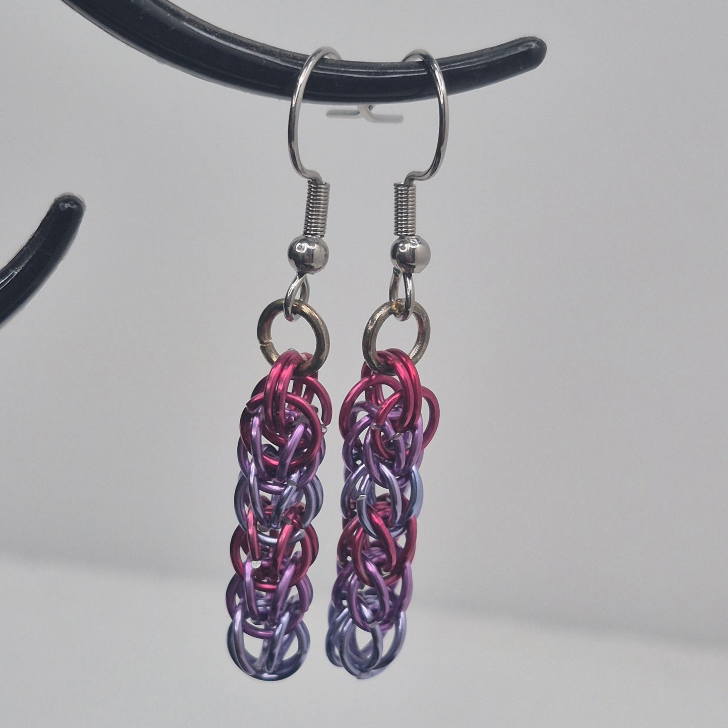 Persian weave earrings, pink, purple, blue chainmail