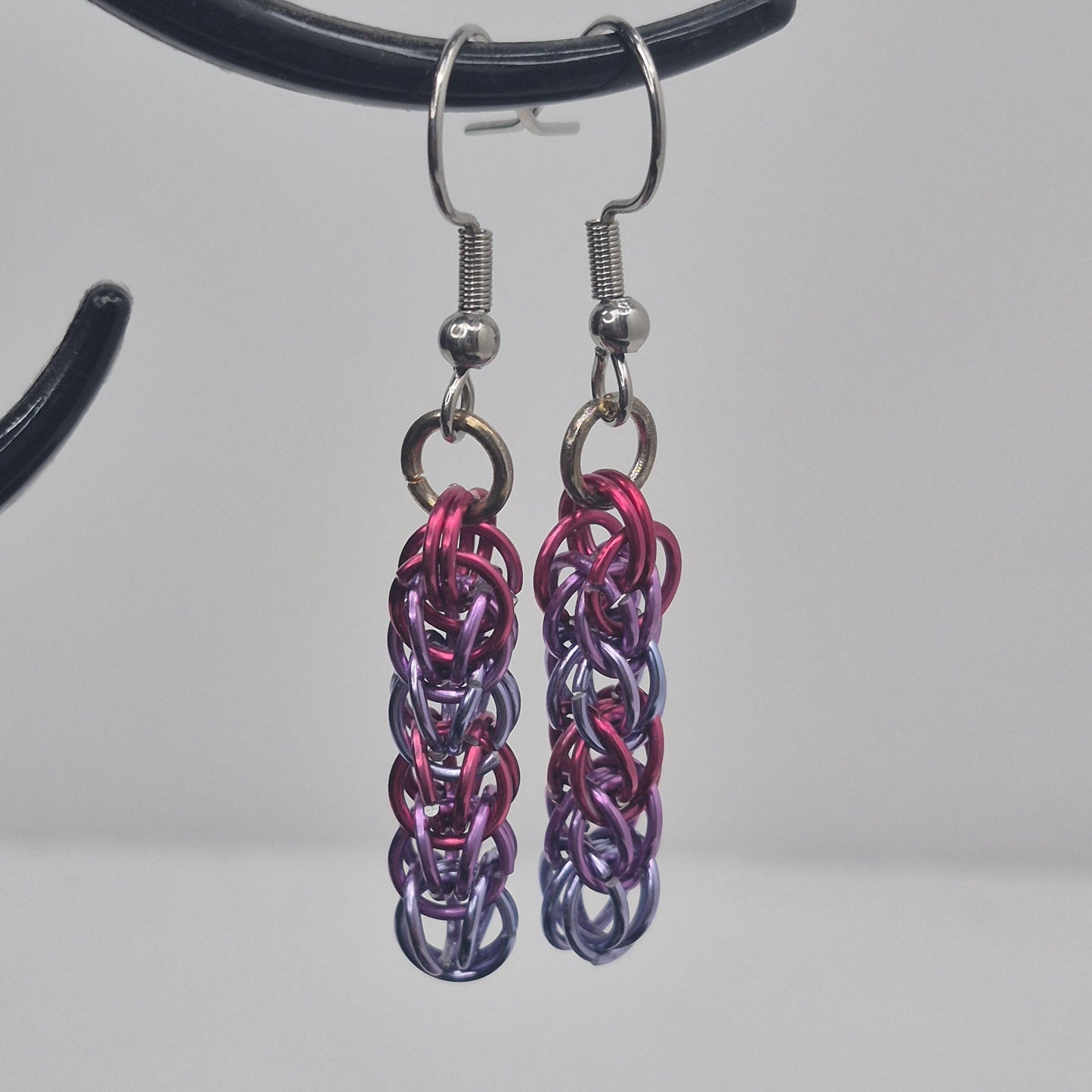 Persian weave earrings, pink, purple, blue chainmail