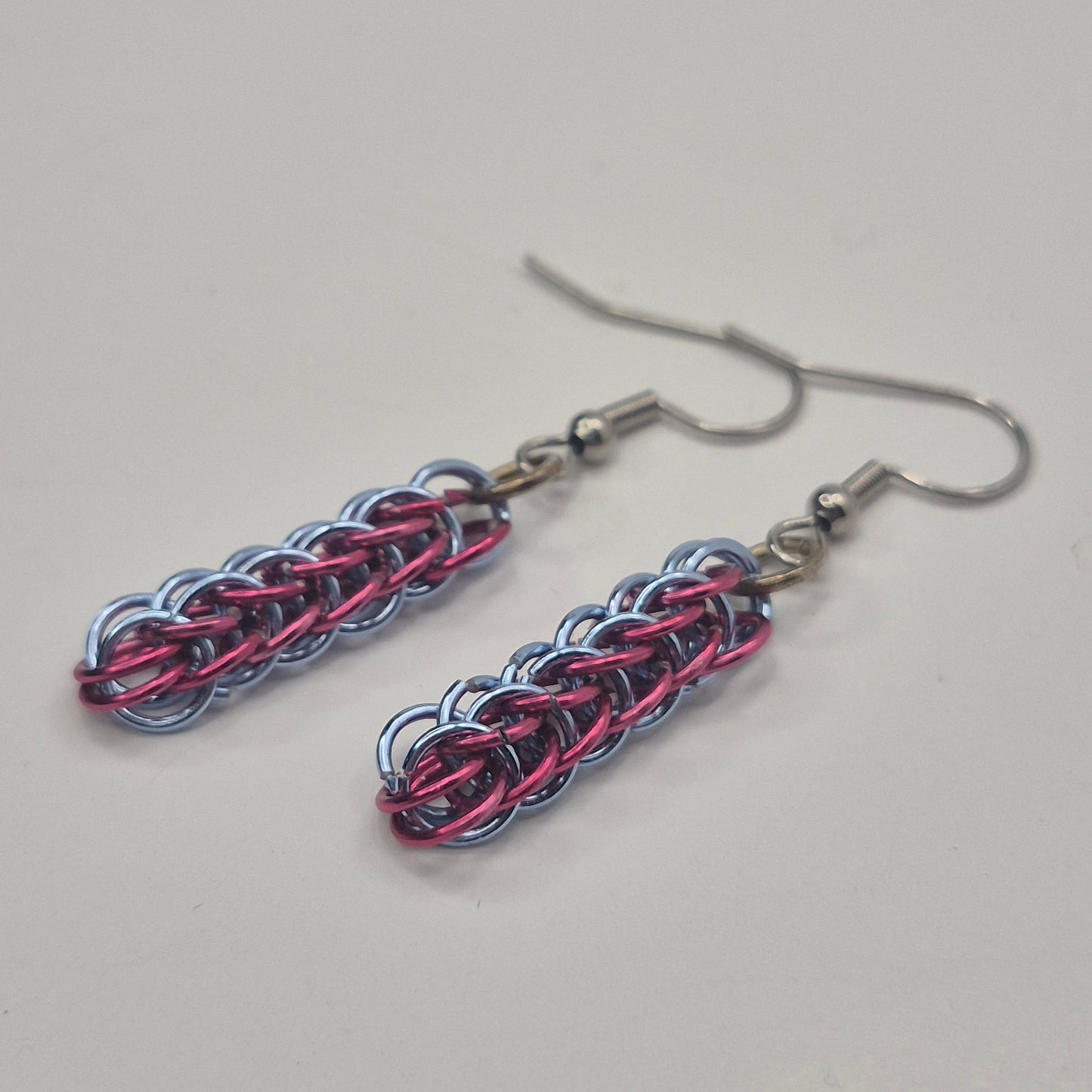 Persian weave earrings, pink and blue chainmail