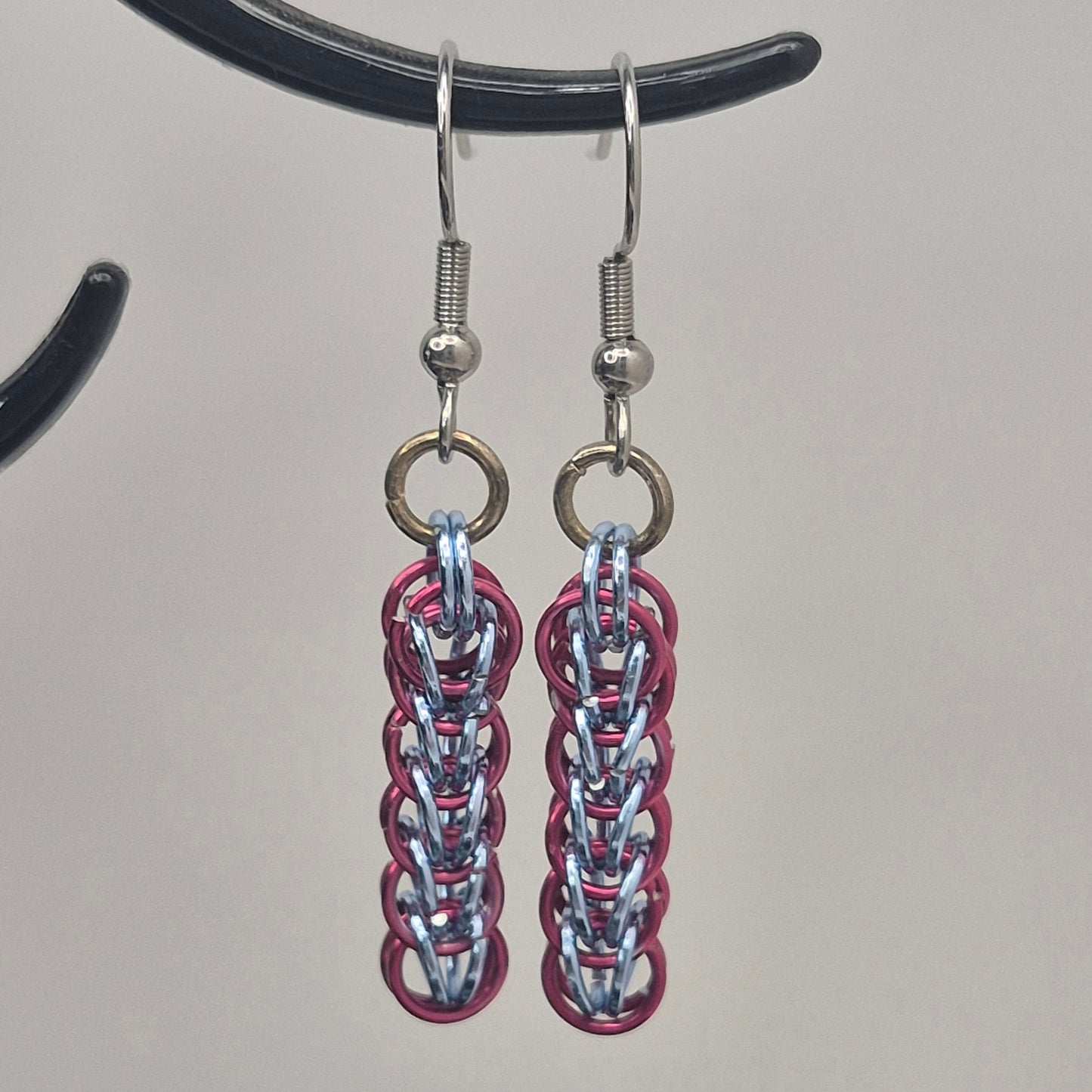 Persian weave earrings, pink and blue chainmail