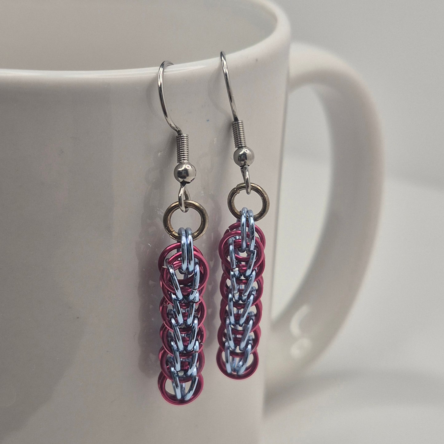 Persian weave earrings, pink and blue chainmail