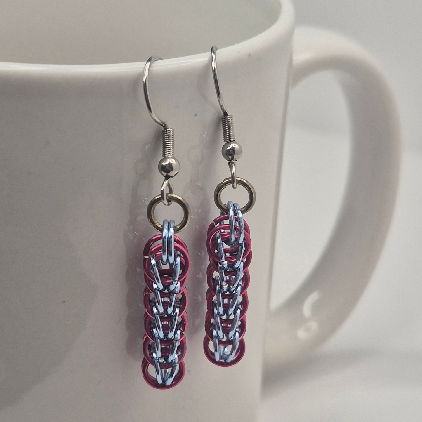 Persian weave earrings, pink and blue chainmail