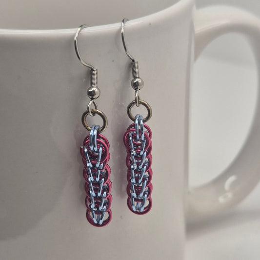 Persian weave earrings, pink and blue chainmail