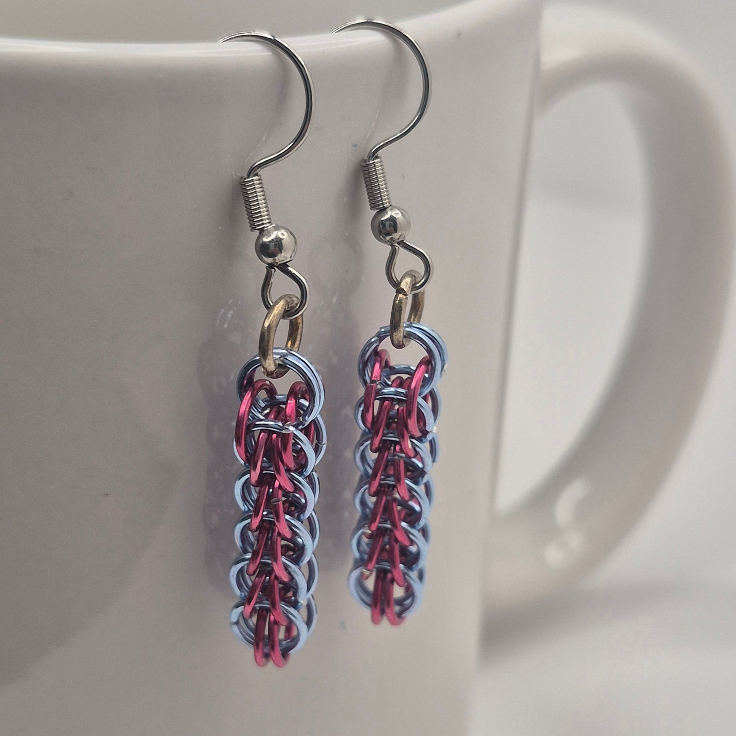 Persian weave earrings, pink and blue chainmail
