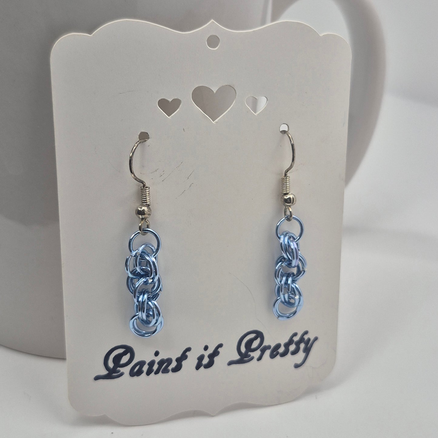 Spiral Earrings, blue chainmail