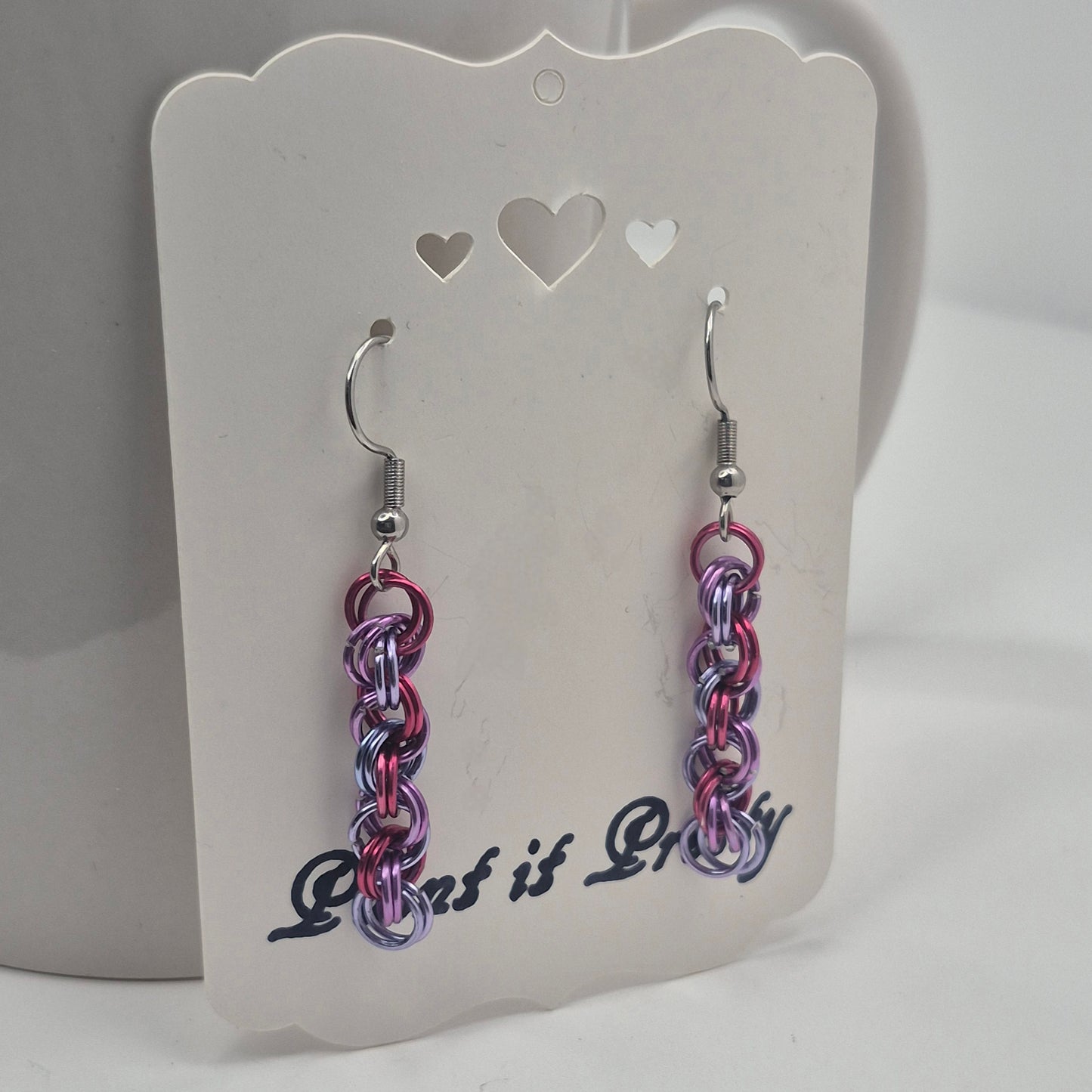 Spiral Earrings, pink, purple, blue chainmail