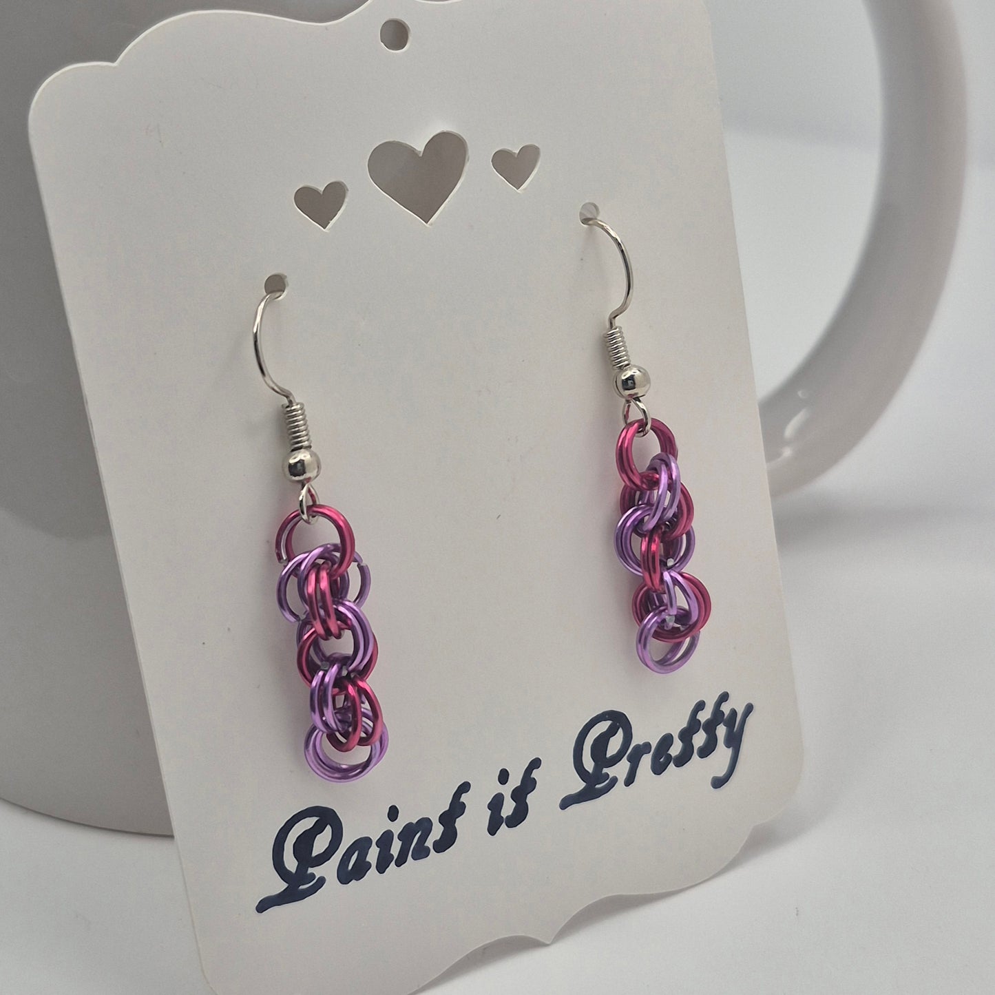 Spiral Earrings, pink, purple chainmail
