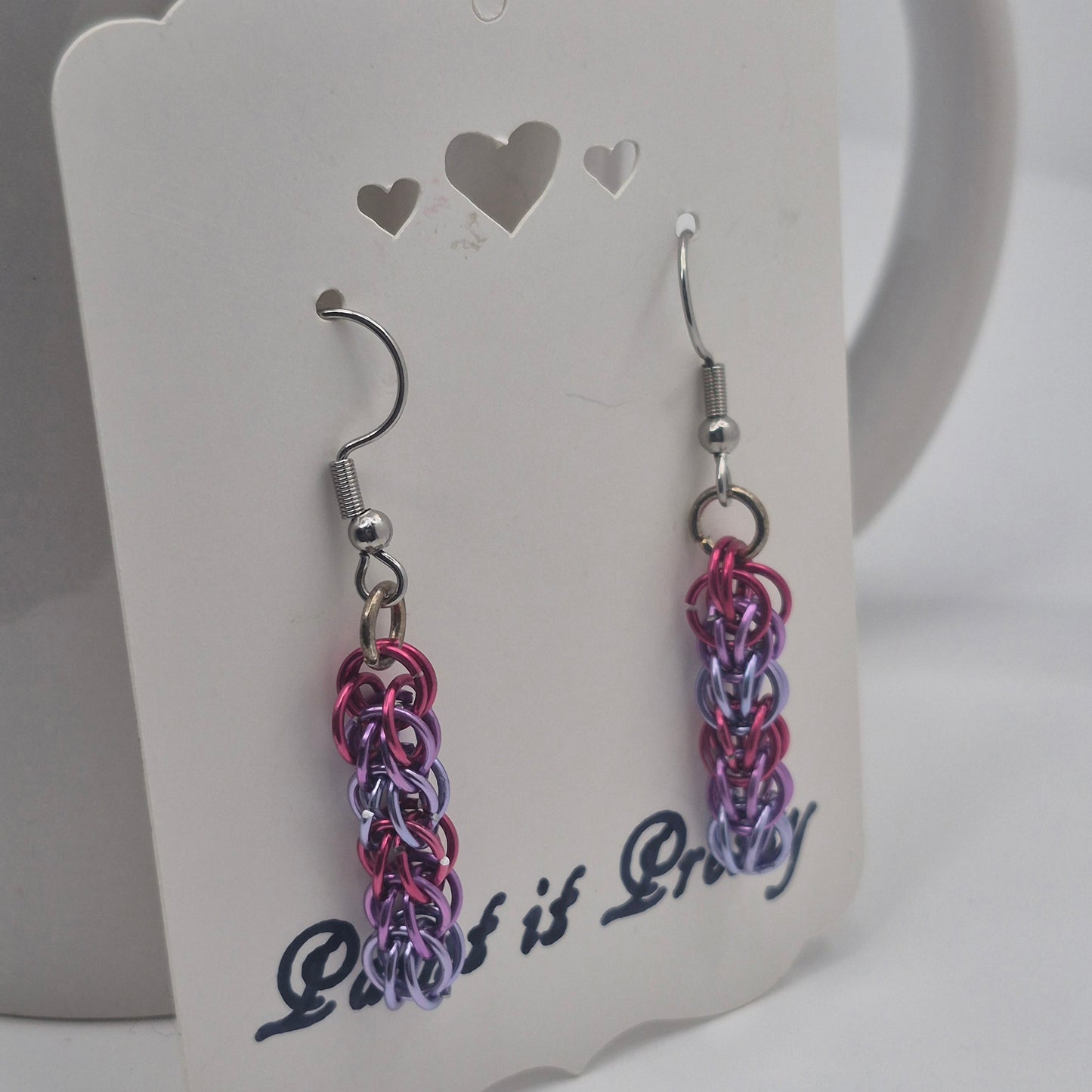 Persian weave earrings, pink, purple, blue chainmail
