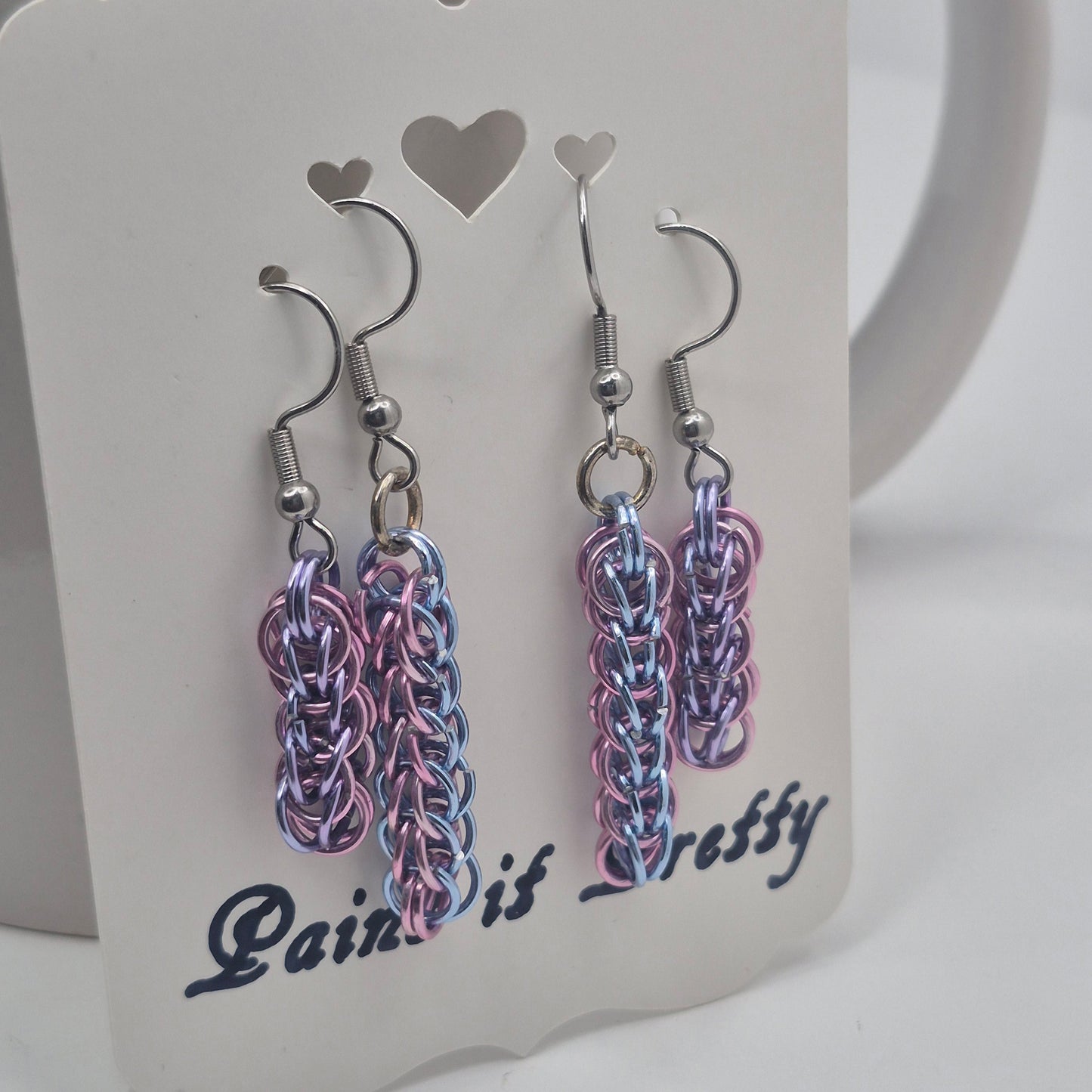 Persian weave earrings, chainmail light purple, and blue