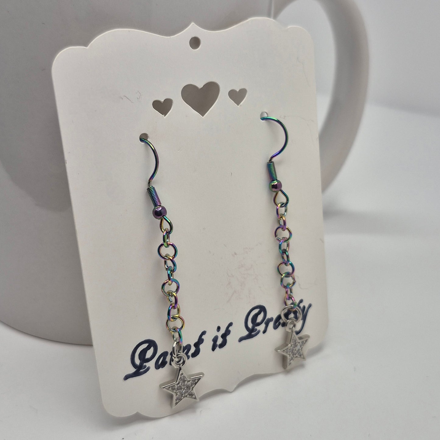 Earrings, multichrome rainbow chainmaille with dangle star