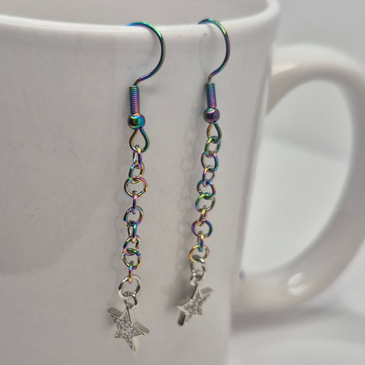 Earrings, multichrome rainbow chainmaille with dangle star