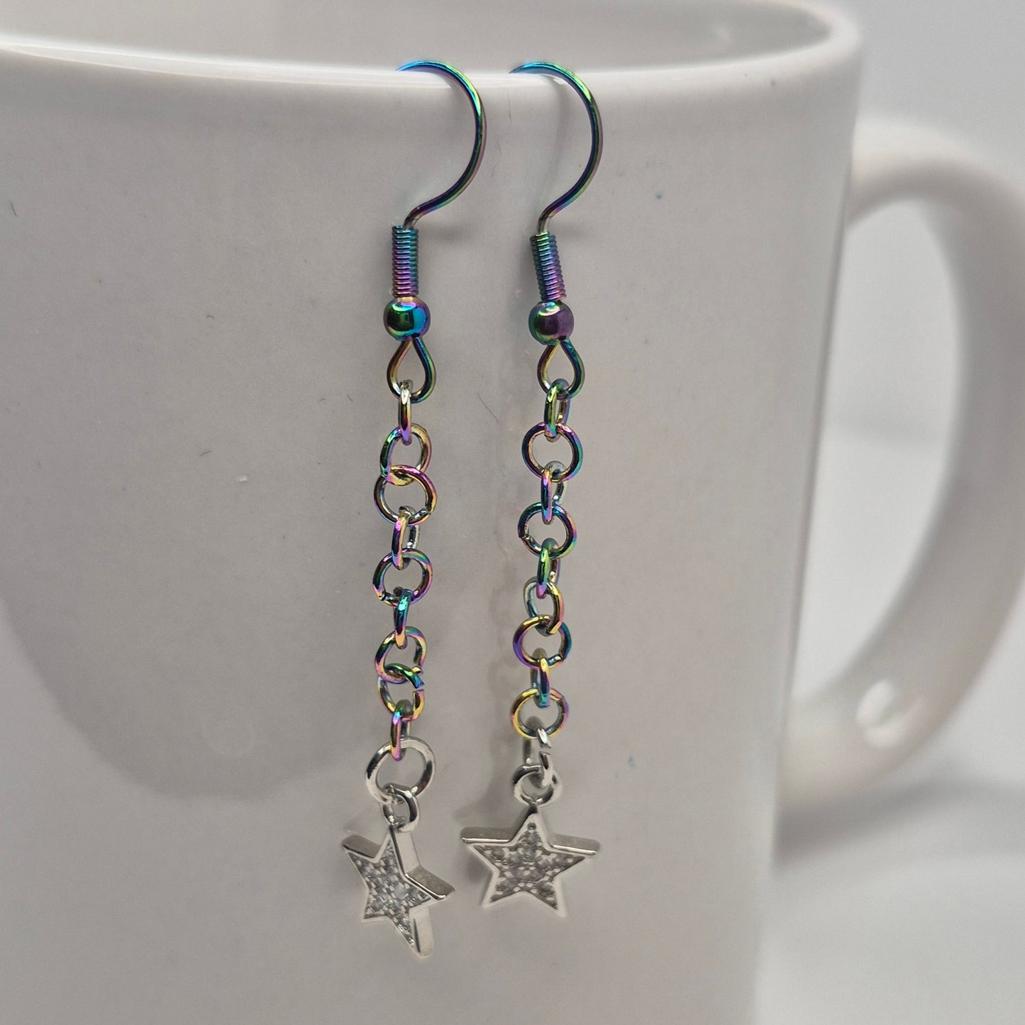 Earrings, multichrome rainbow chainmaille with dangle star