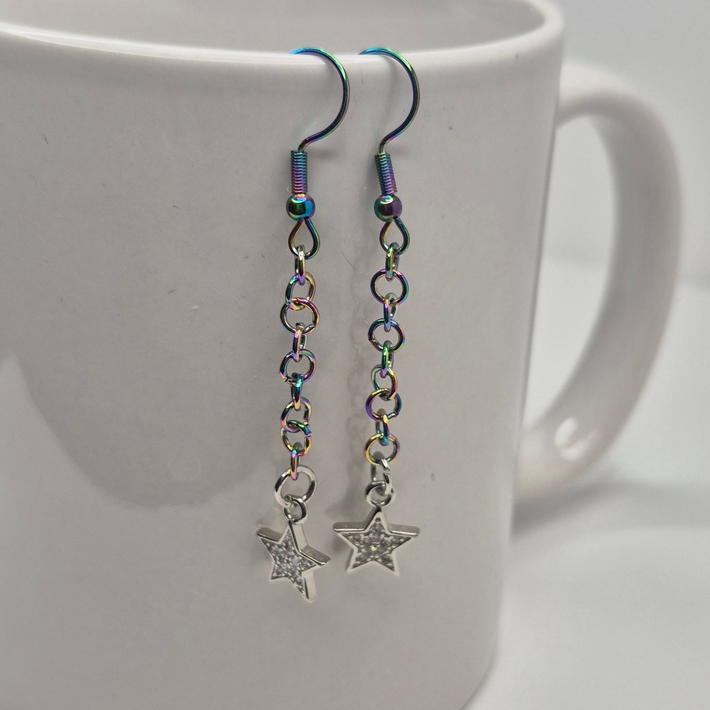Earrings, multichrome rainbow chainmaille with dangle star