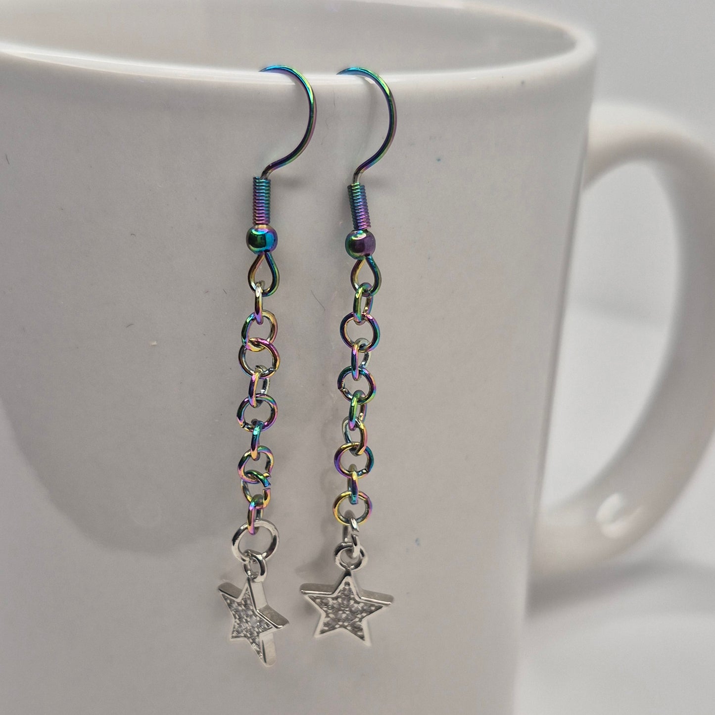Earrings, multichrome rainbow chainmaille with dangle star