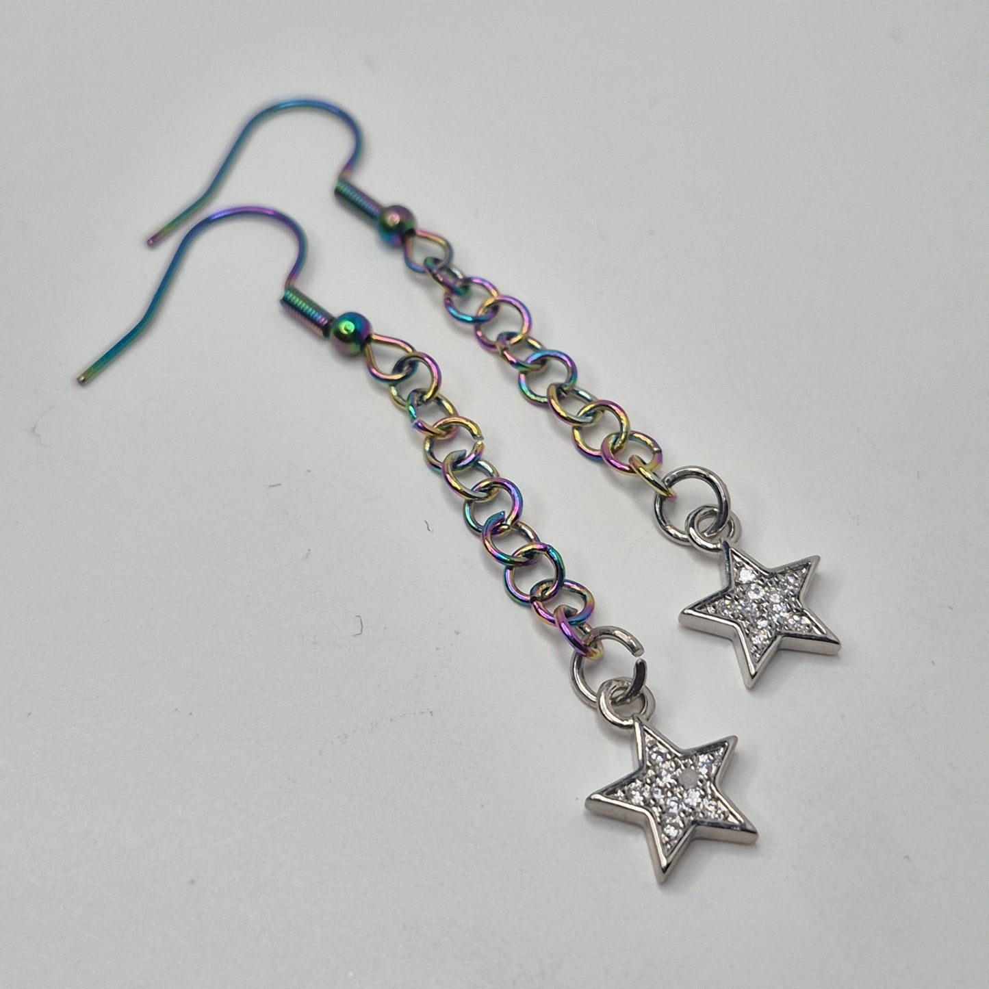 Earrings, multichrome rainbow chainmaille with dangle star