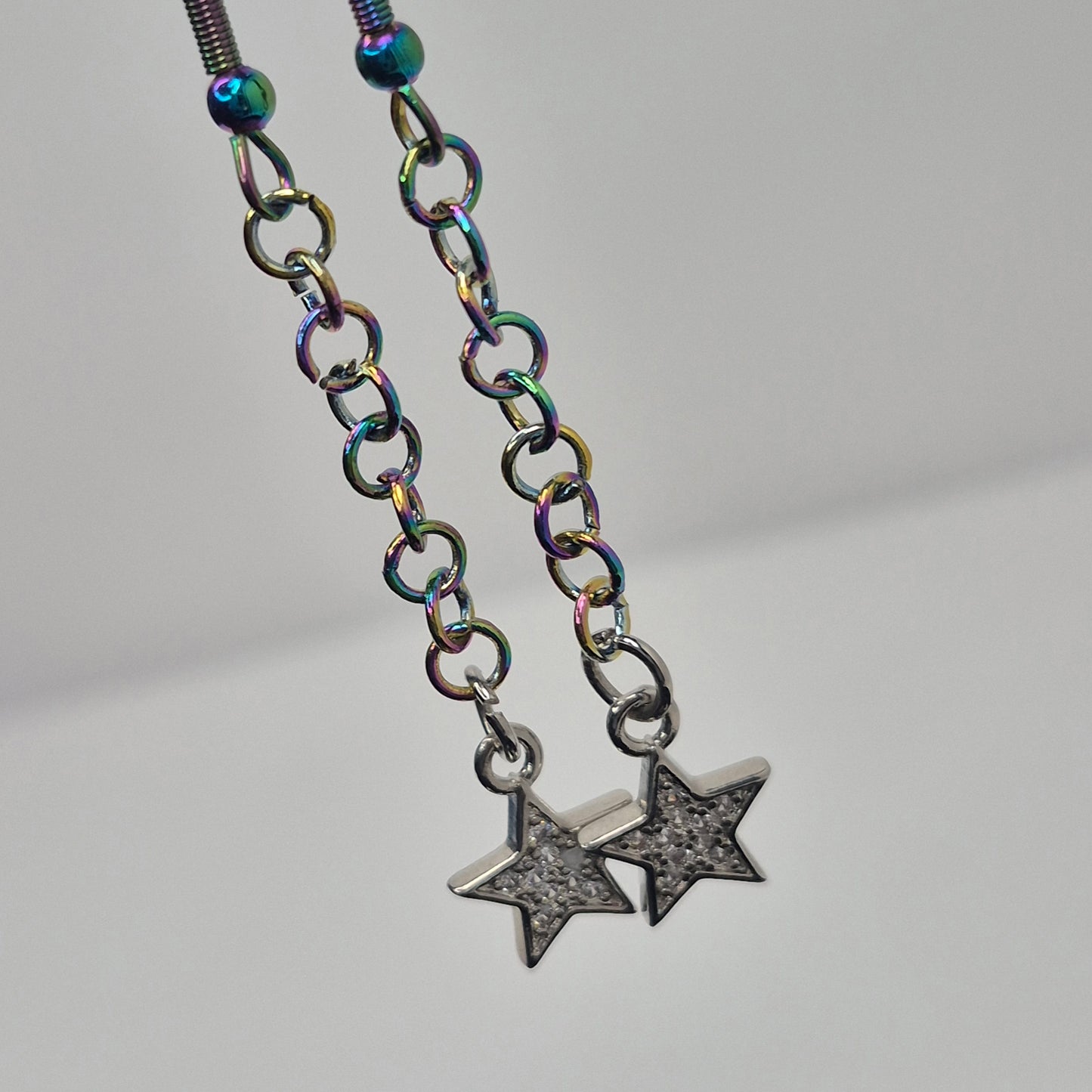 Earrings, multichrome rainbow chainmaille with dangle star