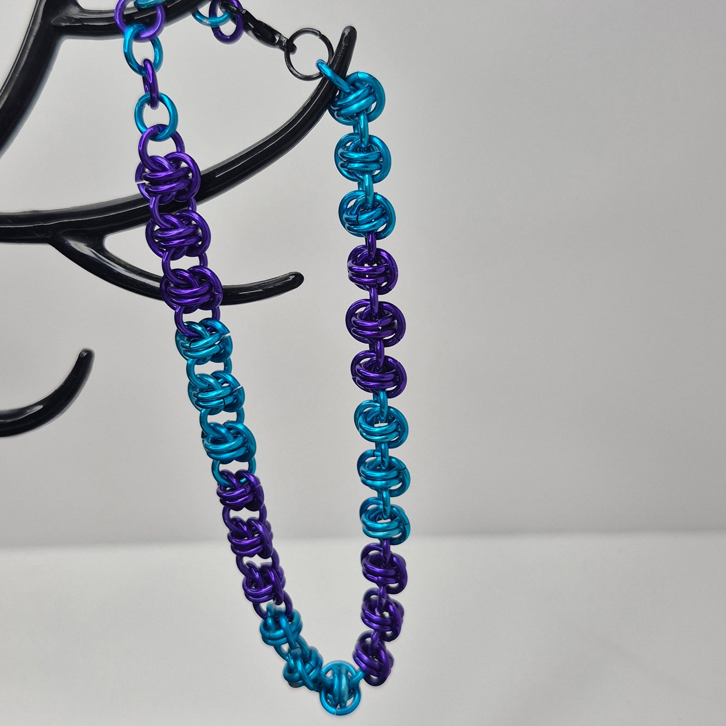 Barrel weave, blue and purple chainmail bracelet