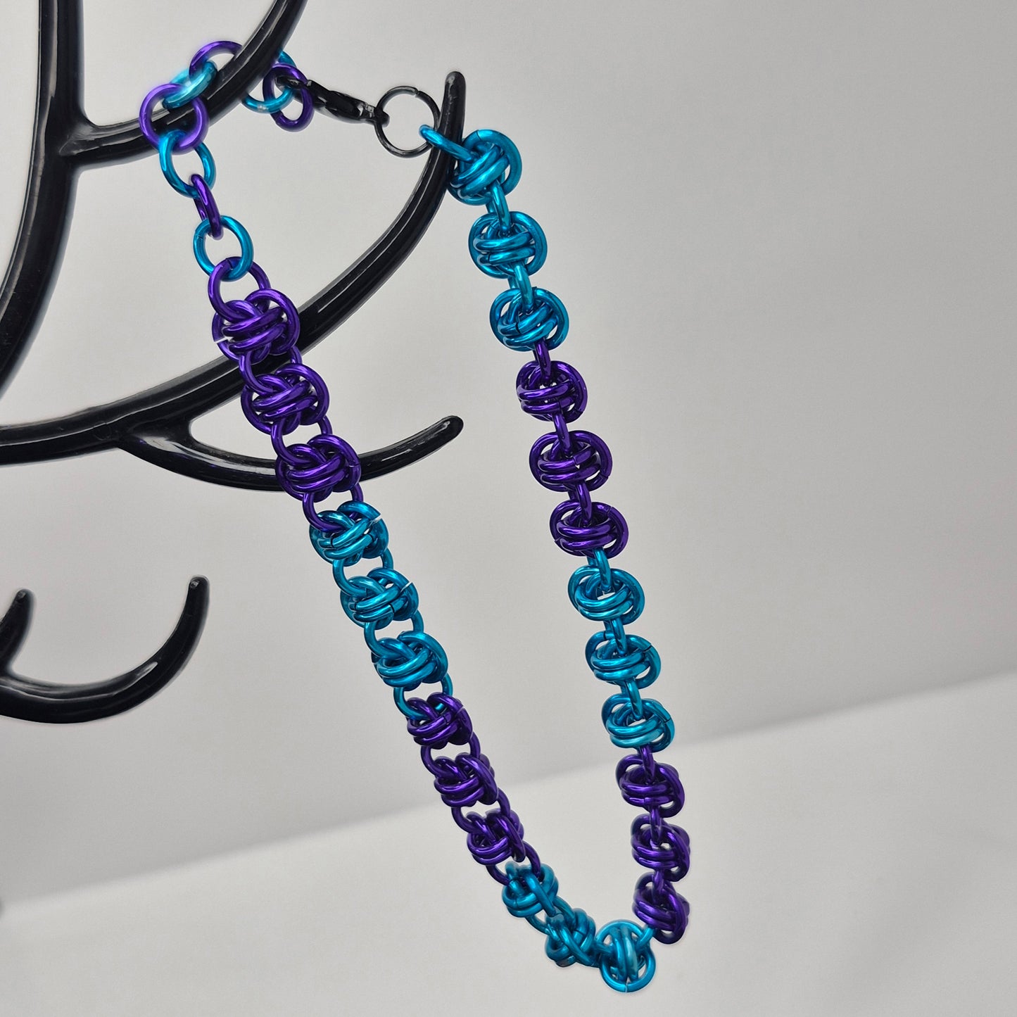 Barrel weave, blue and purple chainmail bracelet