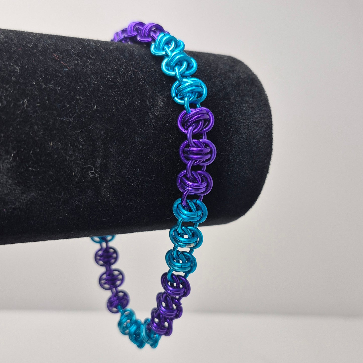Barrel weave, blue and purple chainmail bracelet