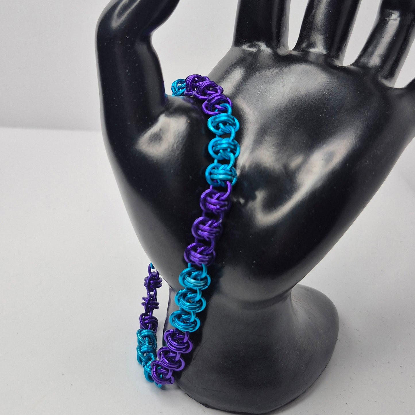 Barrel weave, blue and purple chainmail bracelet