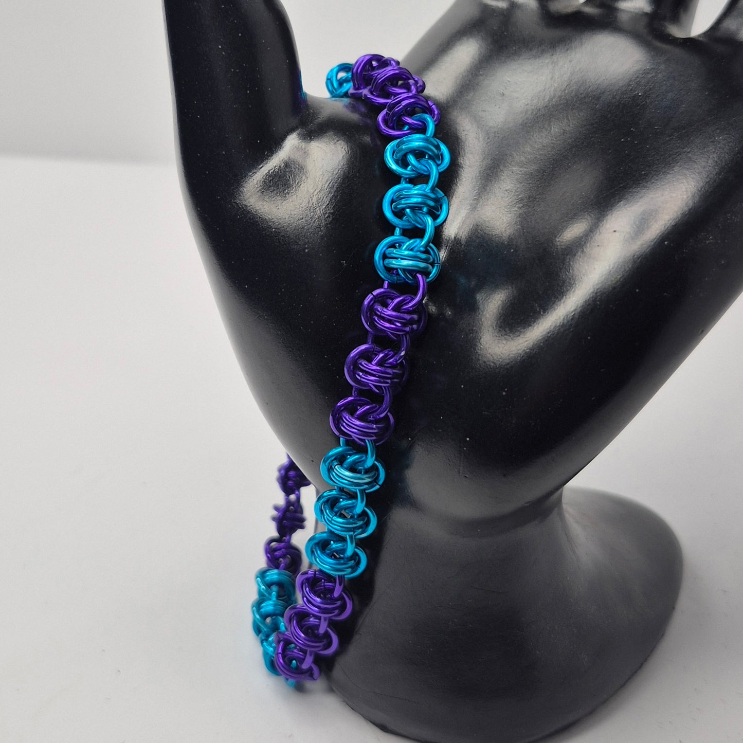 Barrel weave, blue and purple chainmail bracelet