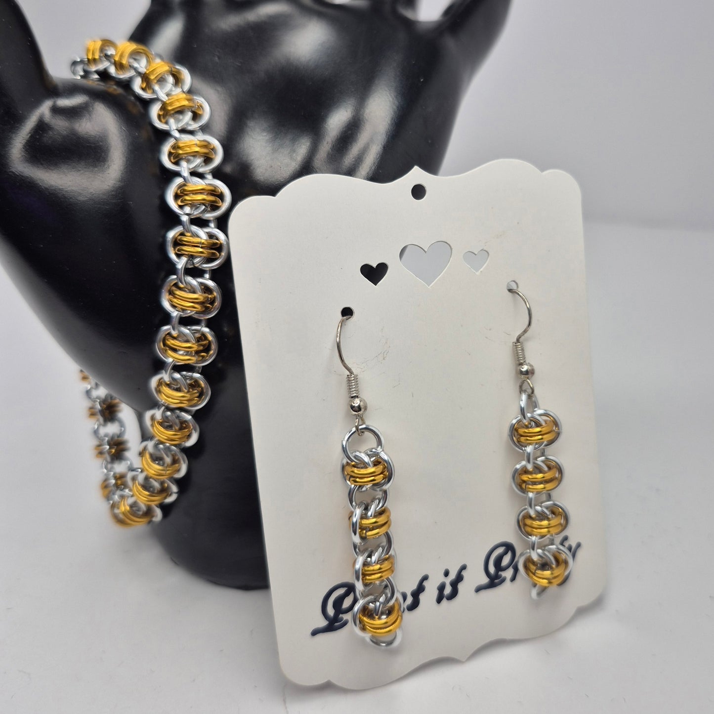 Bracelet and earring set, Barrel weave chainmail