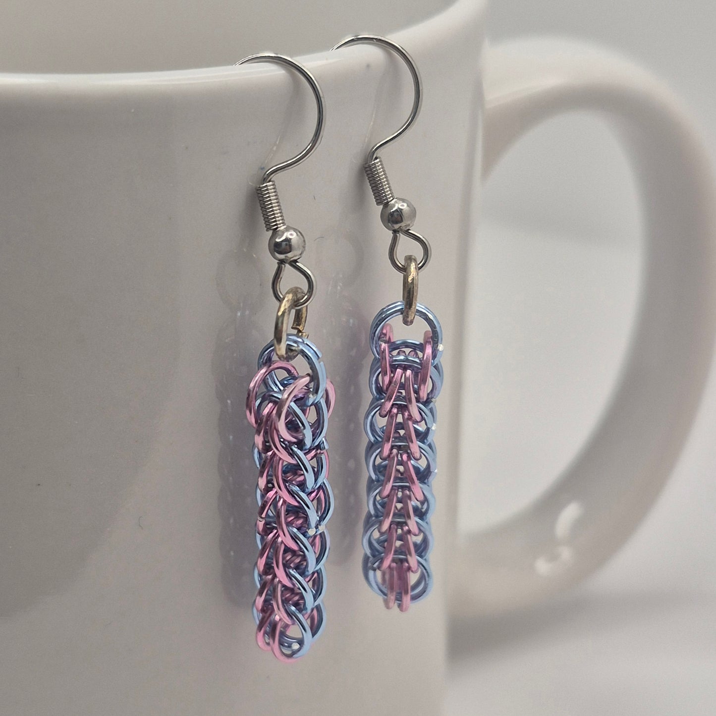 Persian weave earrings, chainmail light purple, and blue