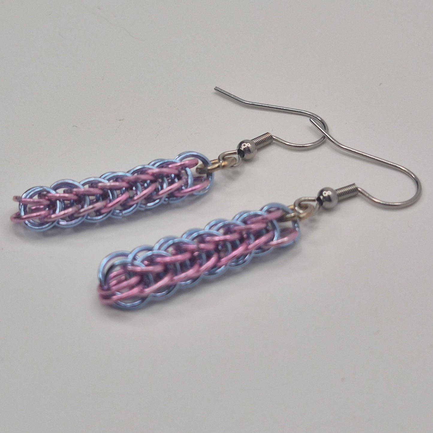 Persian weave earrings, chainmail light purple, and blue