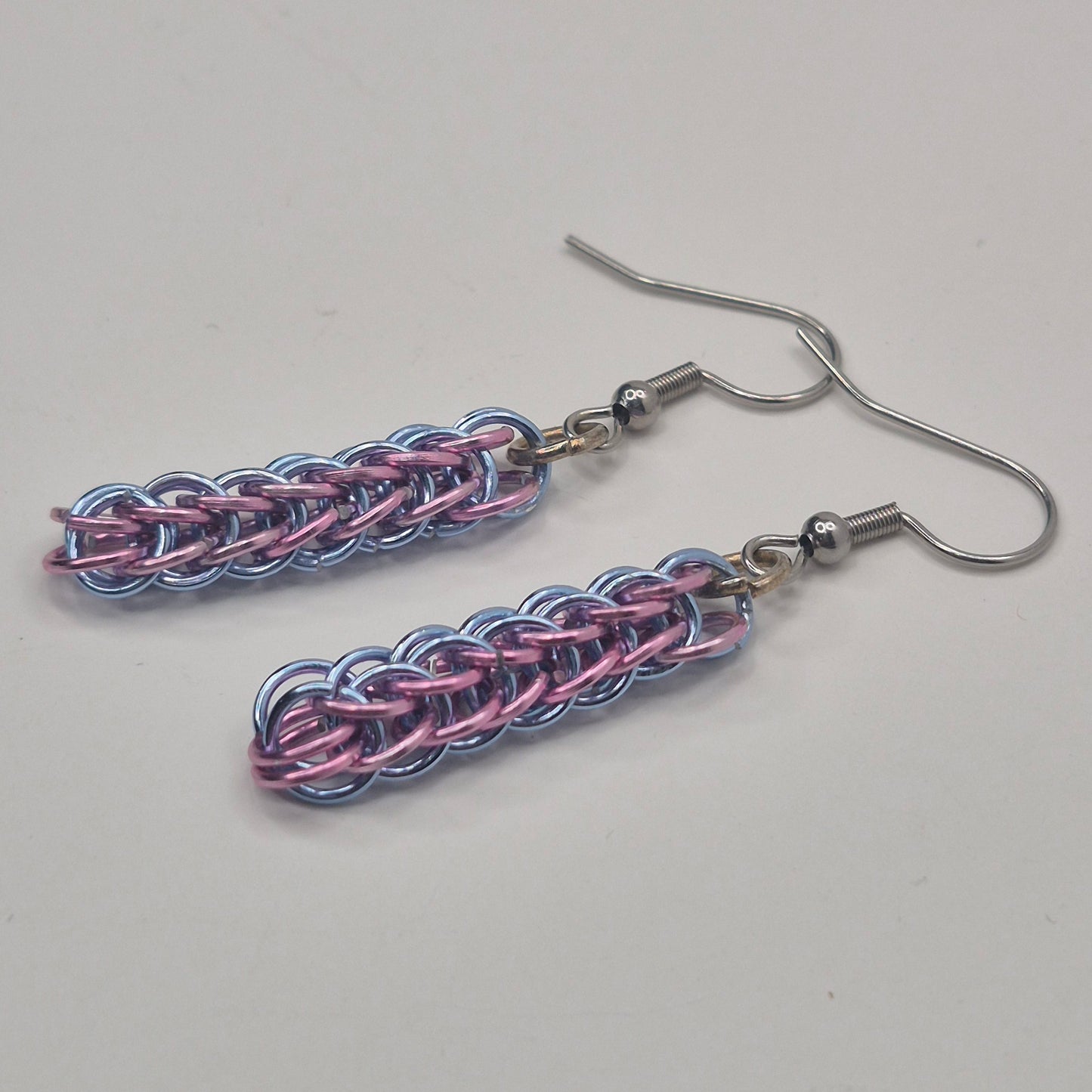 Persian weave earrings, chainmail light purple, and blue