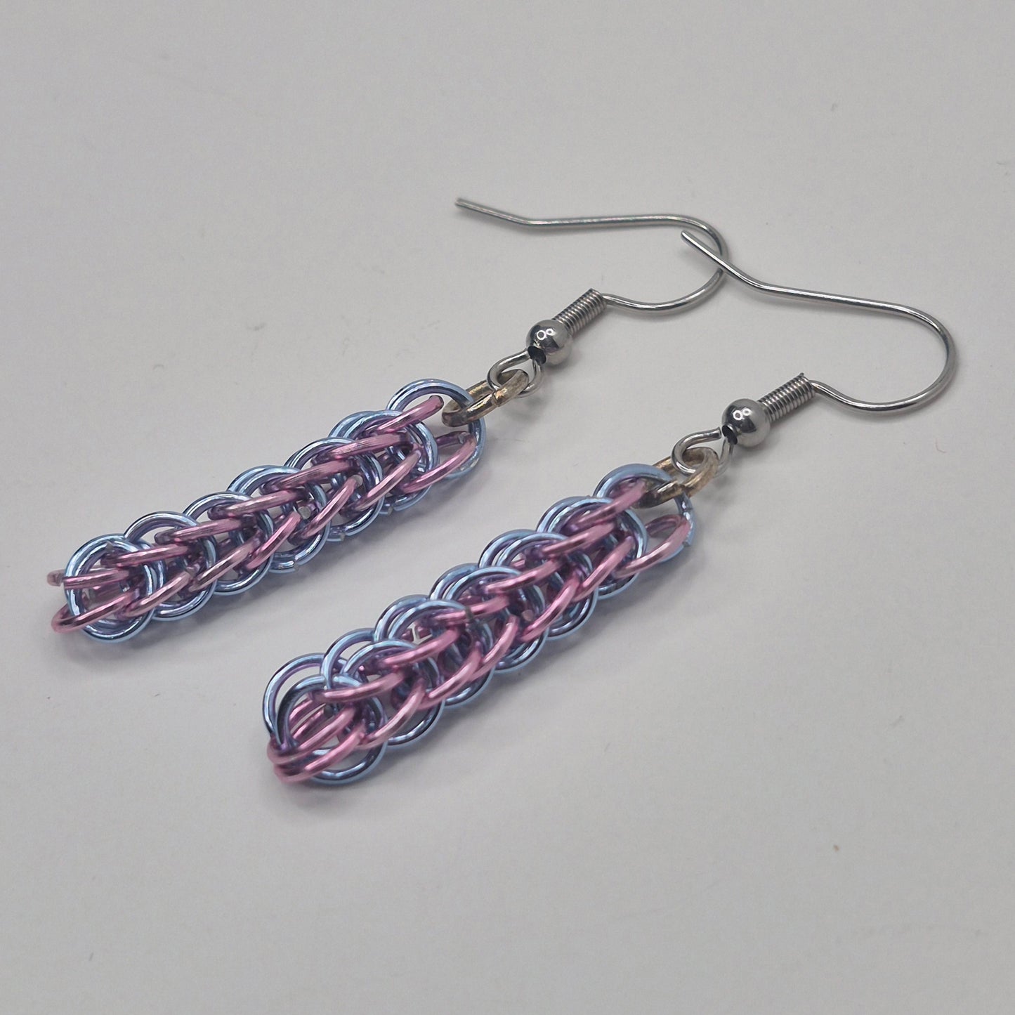 Persian weave earrings, chainmail light purple, and blue