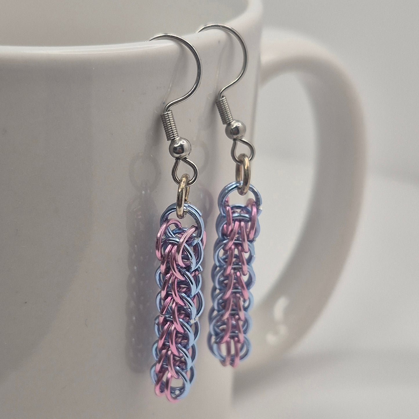 Persian weave earrings, chainmail light purple, and blue