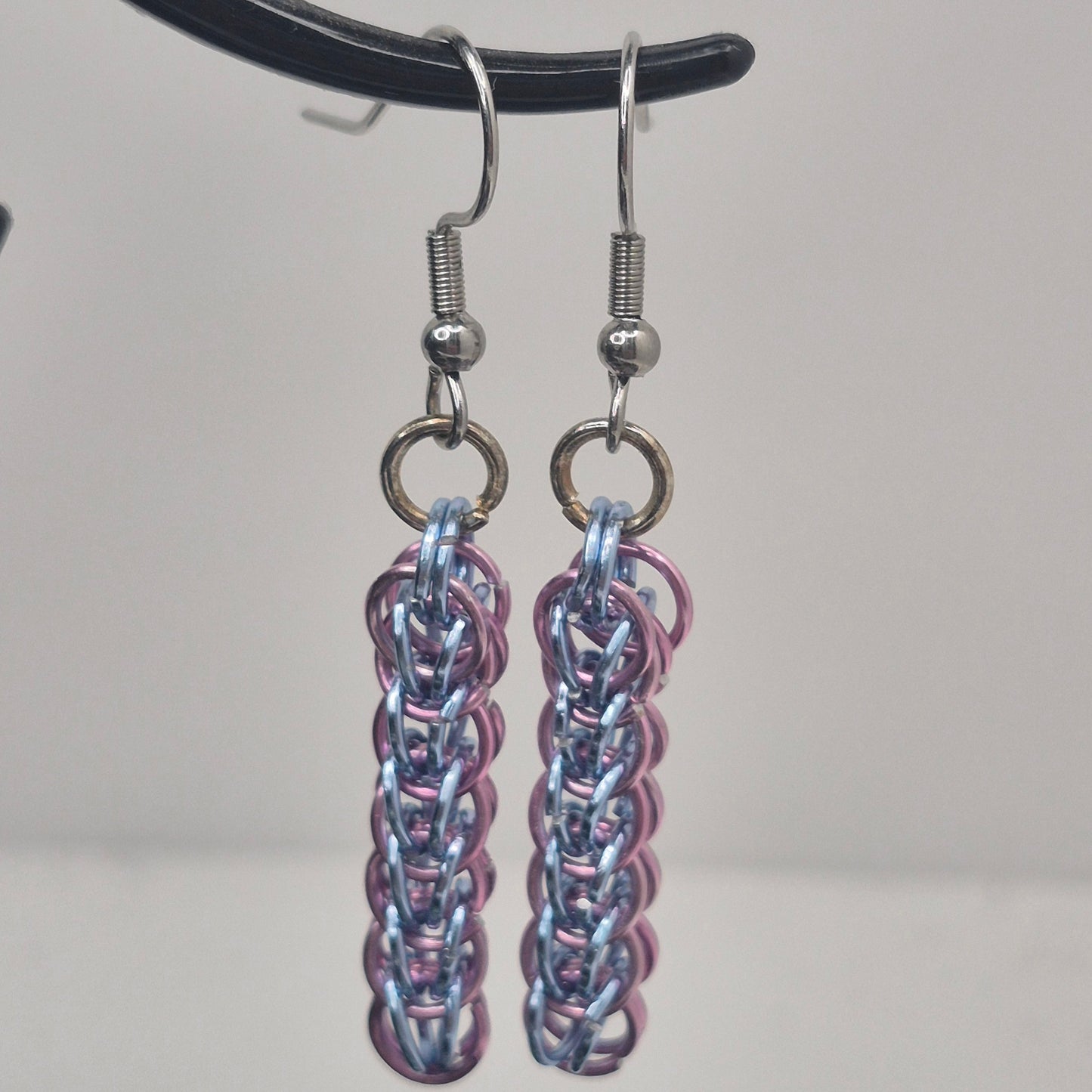 Persian weave earrings, chainmail light purple, and blue