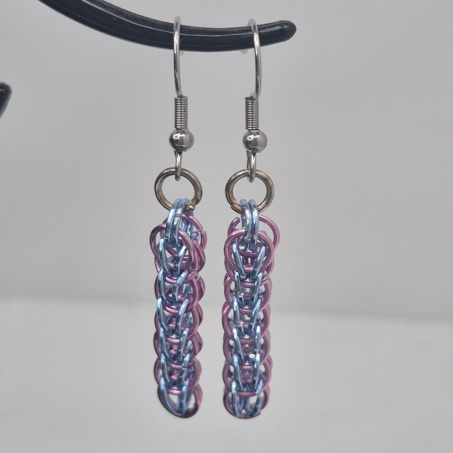 Persian weave earrings, chainmail light purple, and blue