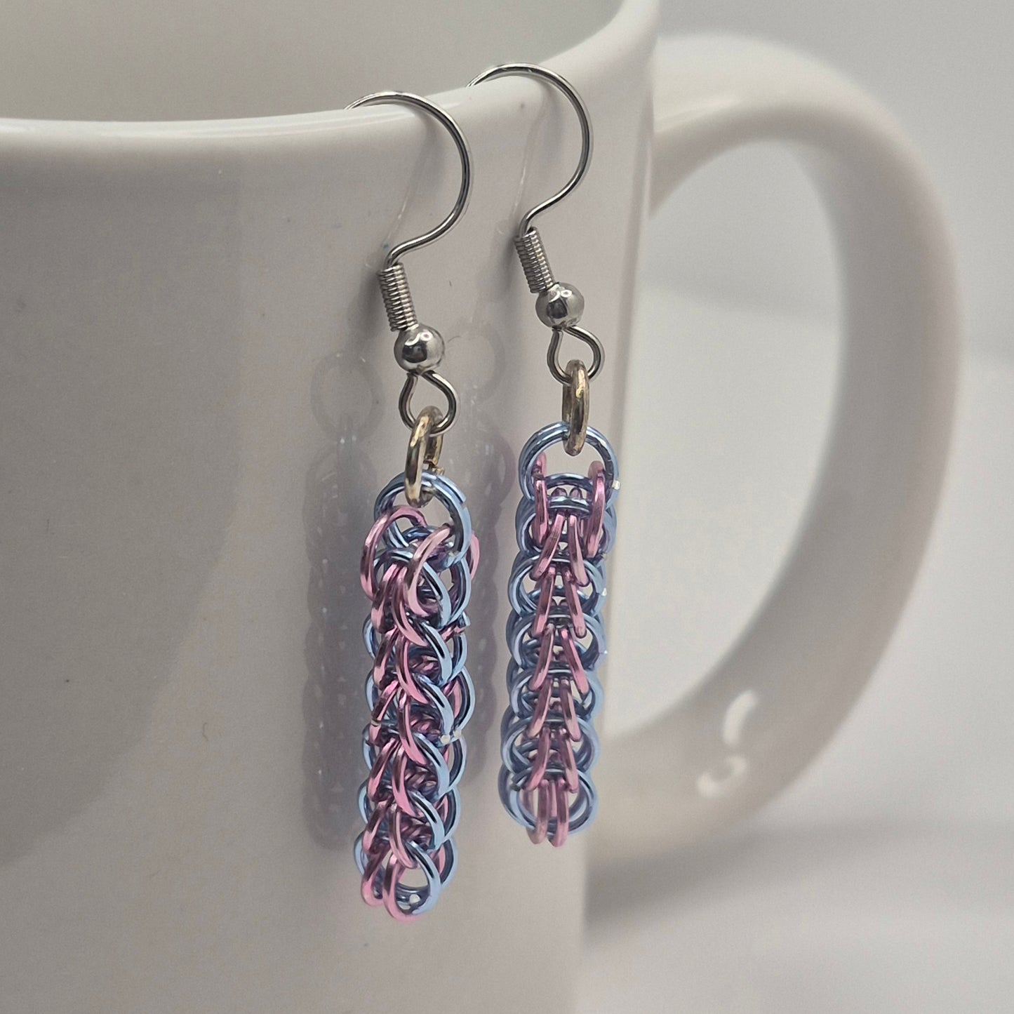 Persian weave earrings, chainmail light purple, and blue