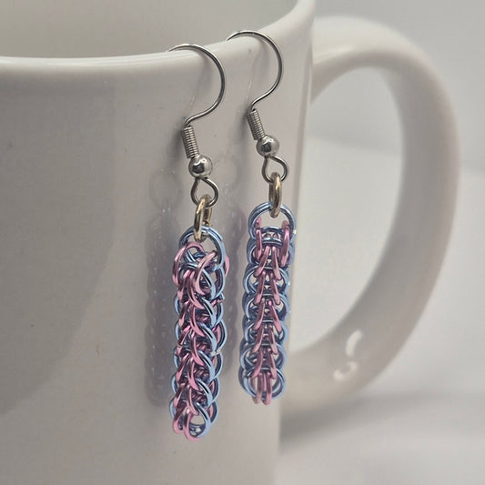 Persian weave earrings, chainmail light purple, and blue