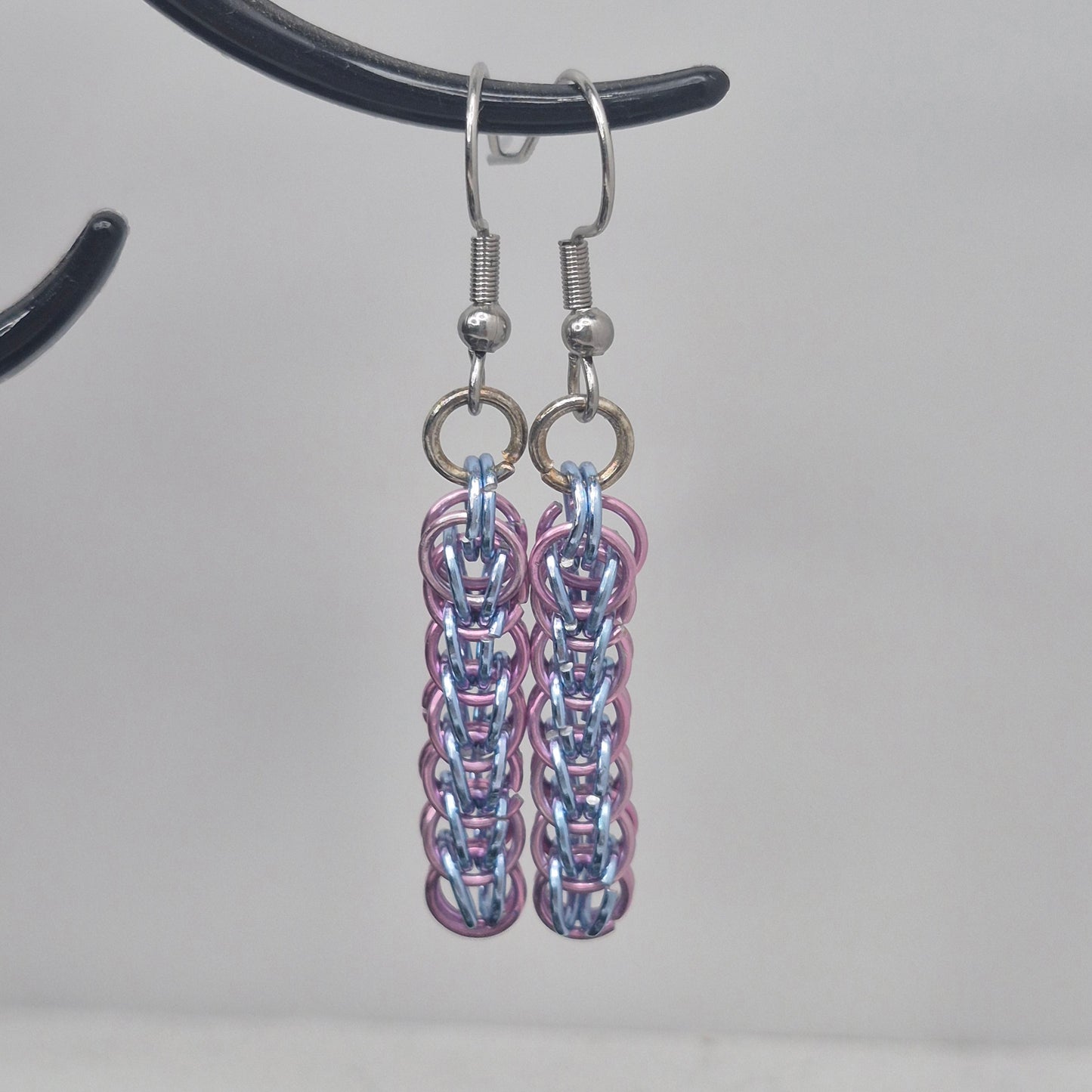 Persian weave earrings, chainmail light purple, and blue