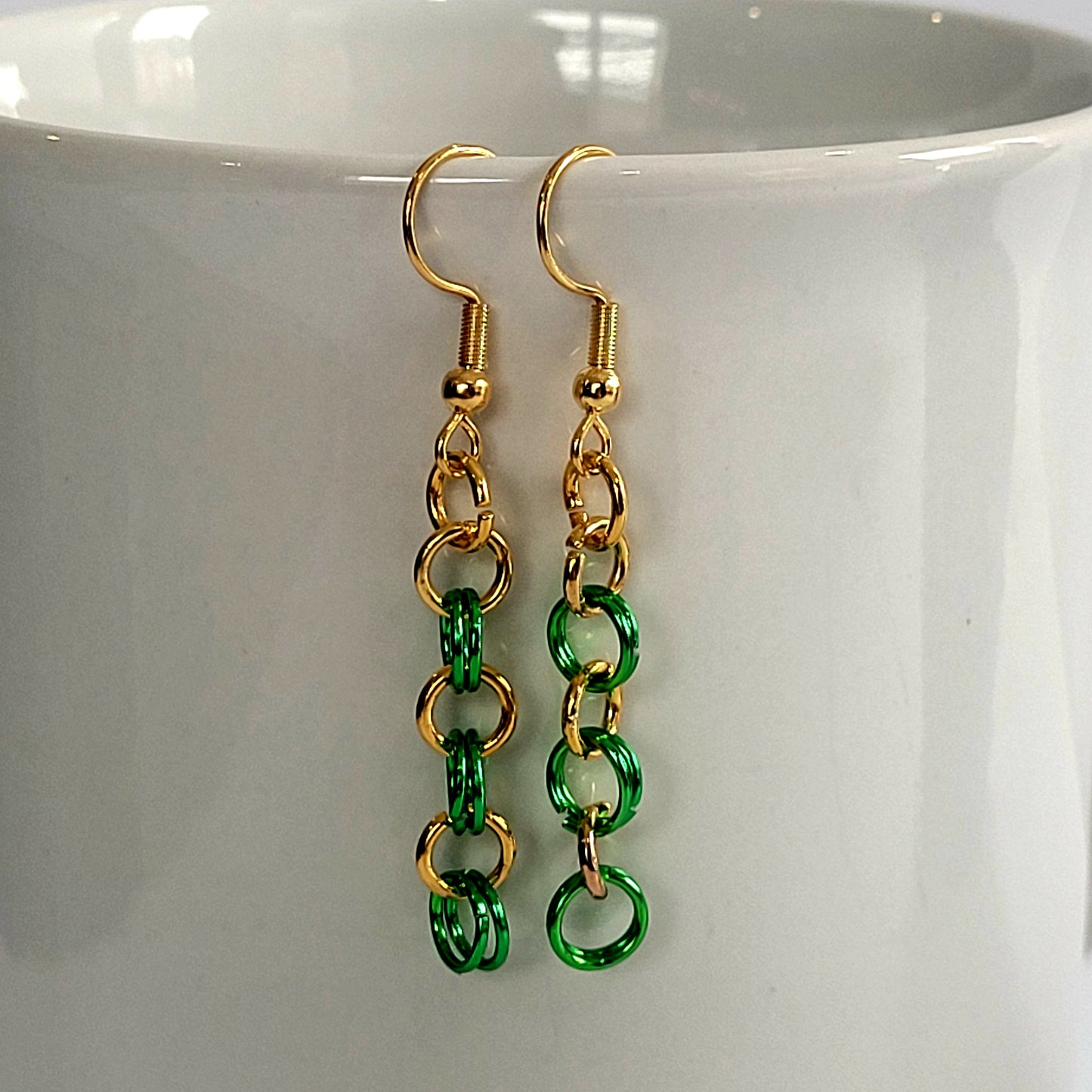 Bracelet and earring set, green and gold chainmail