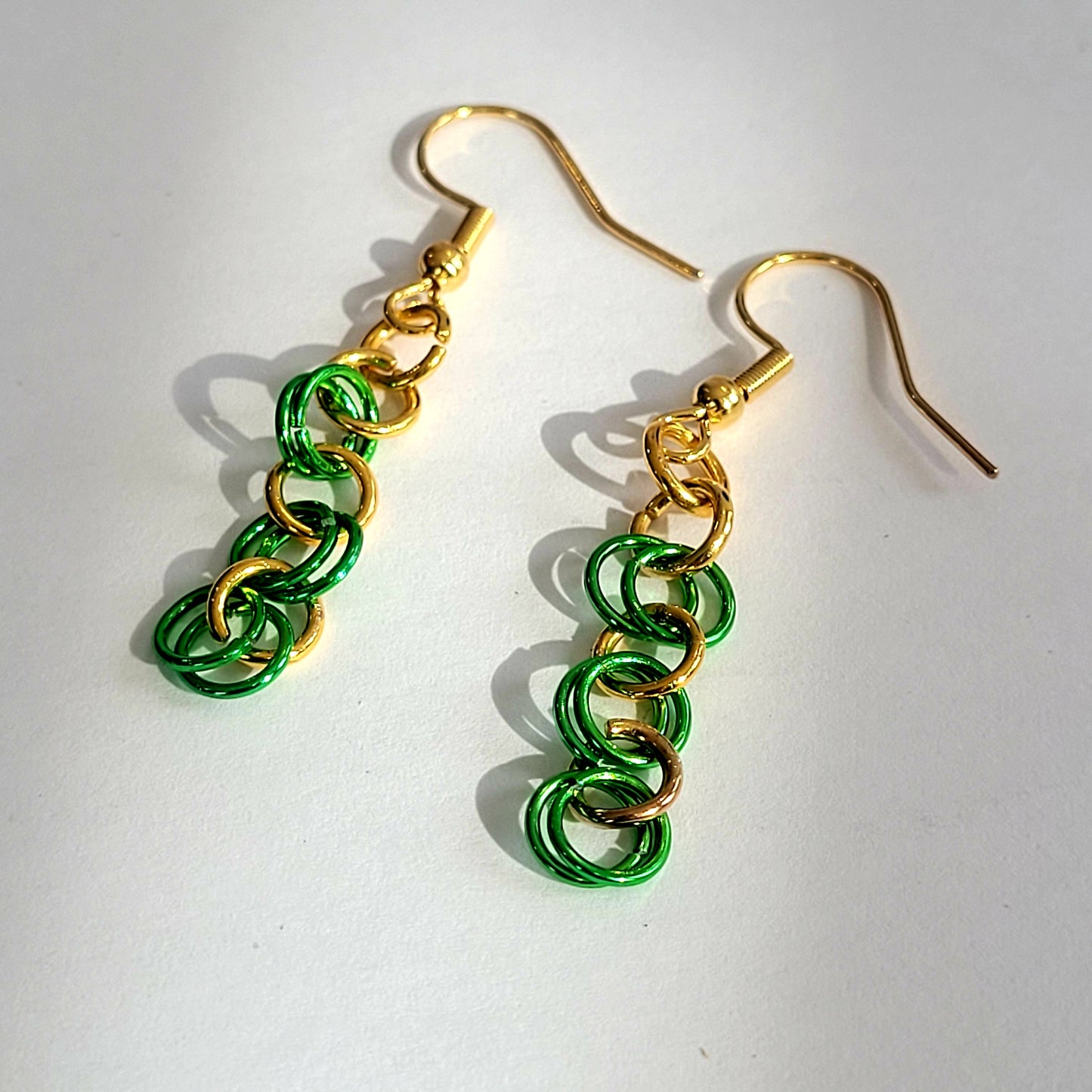 Bracelet and earring set, green and gold chainmail