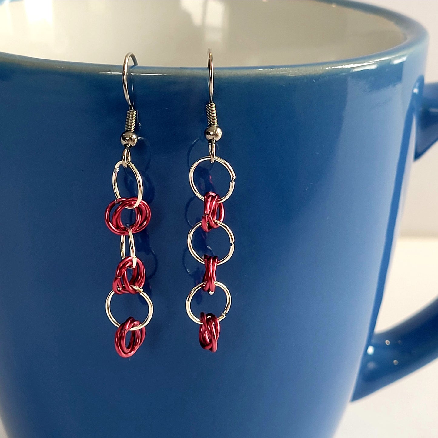 Earrings, pink and silver chainmail